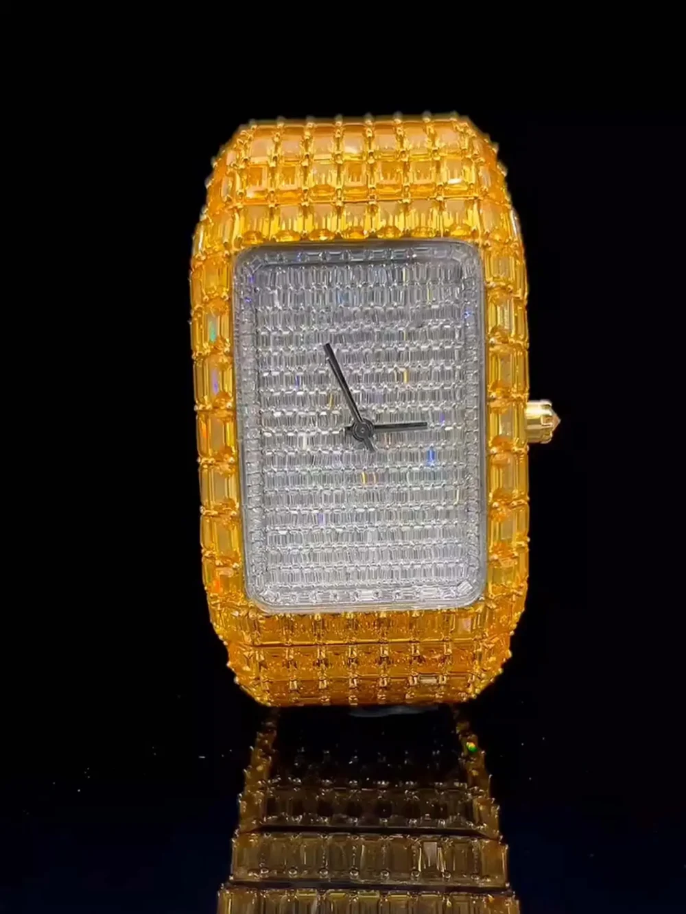 IcedJewelz "Canary Glacier" Fully Flooded Emerald-Cut Moissanite Two-Tone Watch