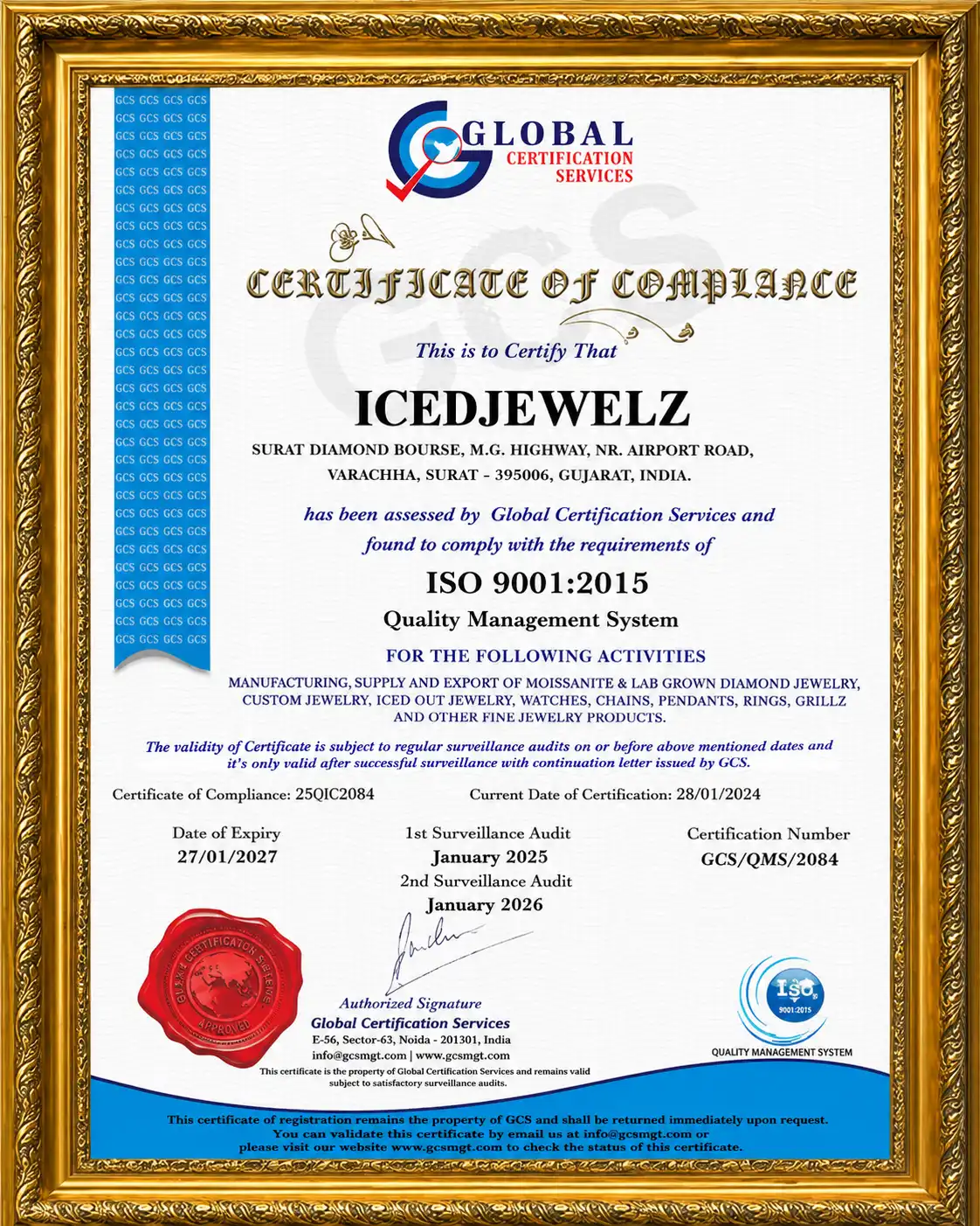 Global Certification Services ISO 9001 Certificate of Compliance